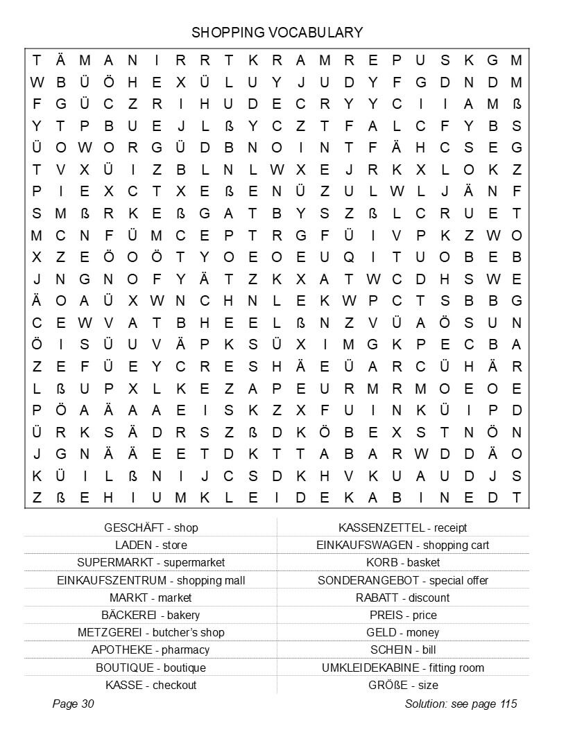 German travel expressions word find pages – stations family tables city streets interior preview