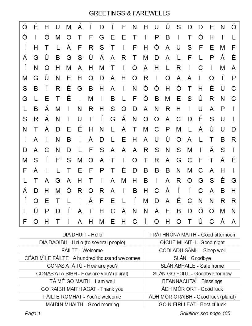 Irish Gaelic word search interior – bilingual 20 words per page English translations large print layout