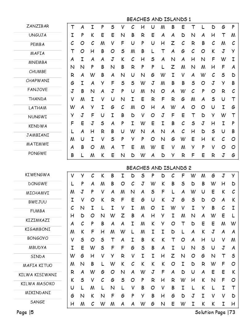 Learn Swahili word search activity pages – greetings food wildlife family themes interior