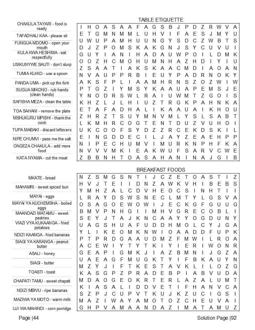 Swahili dishes and cultural festivals word find pages – bilingual English translation interior