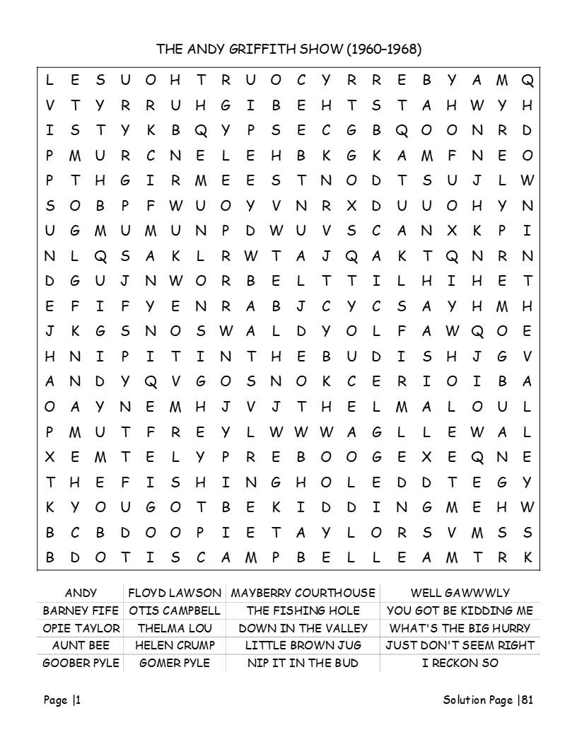 1960s TV show word search puzzle grid - classic sitcom and character keywords