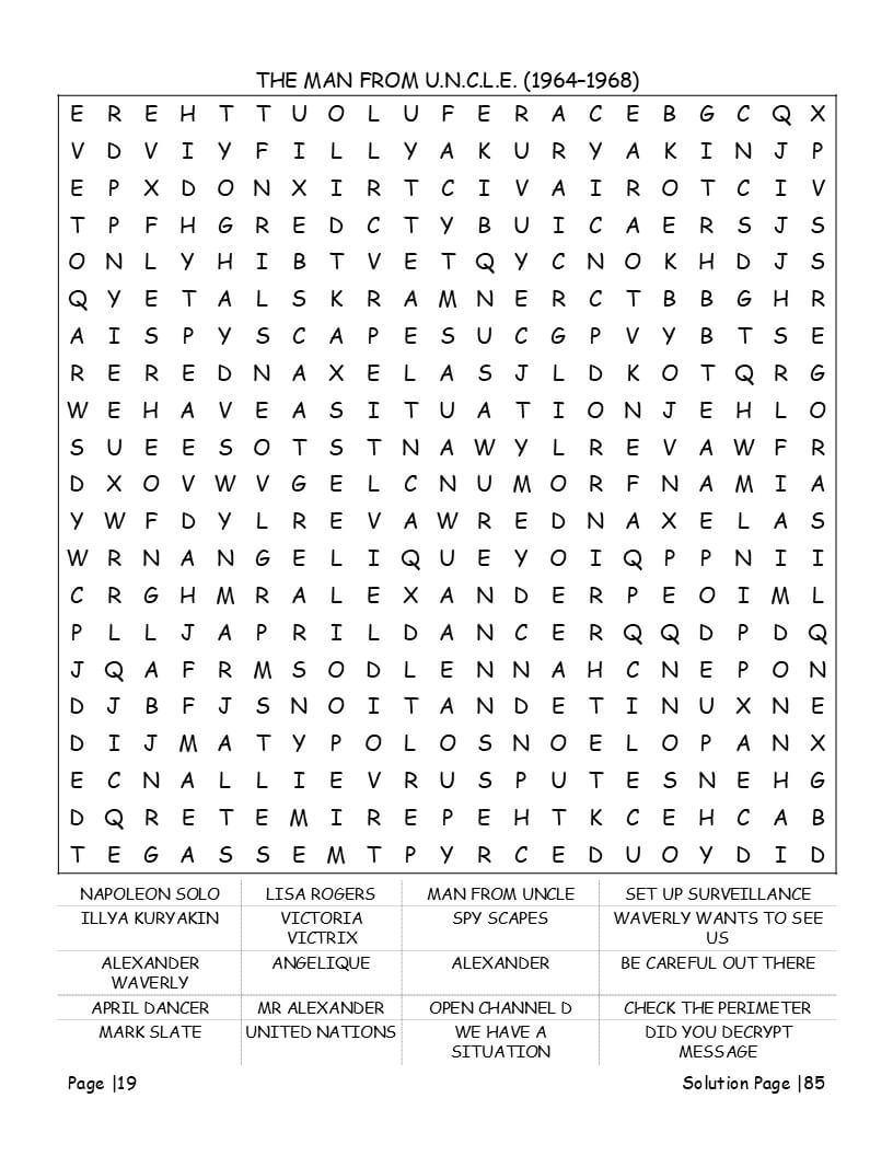 1960s TV show word search drama themes - multi-directional large print grids