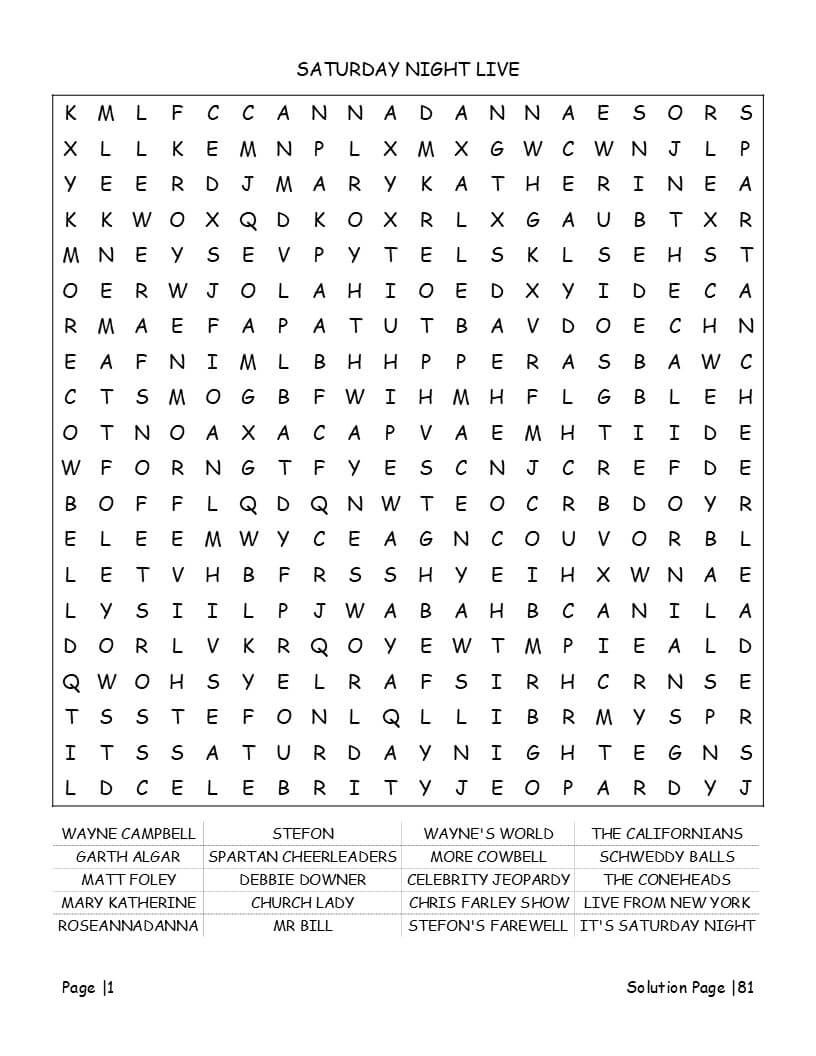 1970s TV show word search puzzle grid - sitcom characters and catchphrase keywords