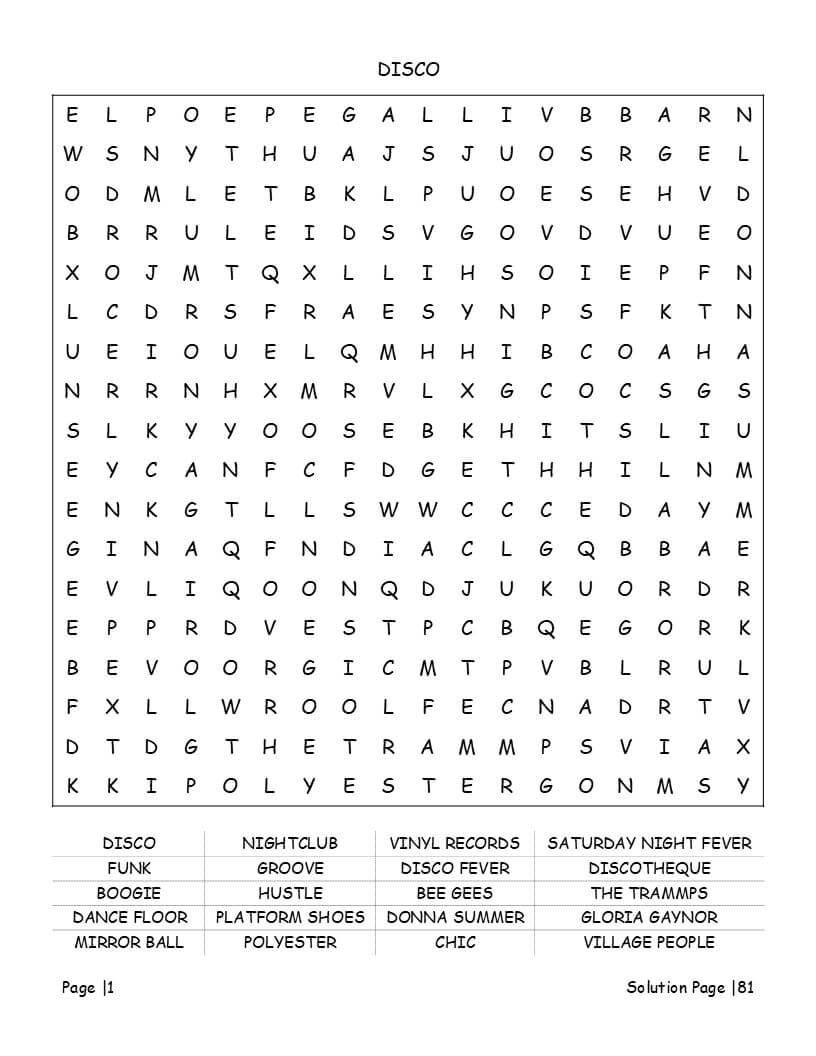 1970s word search puzzle grid - easy to read disco and music keywords