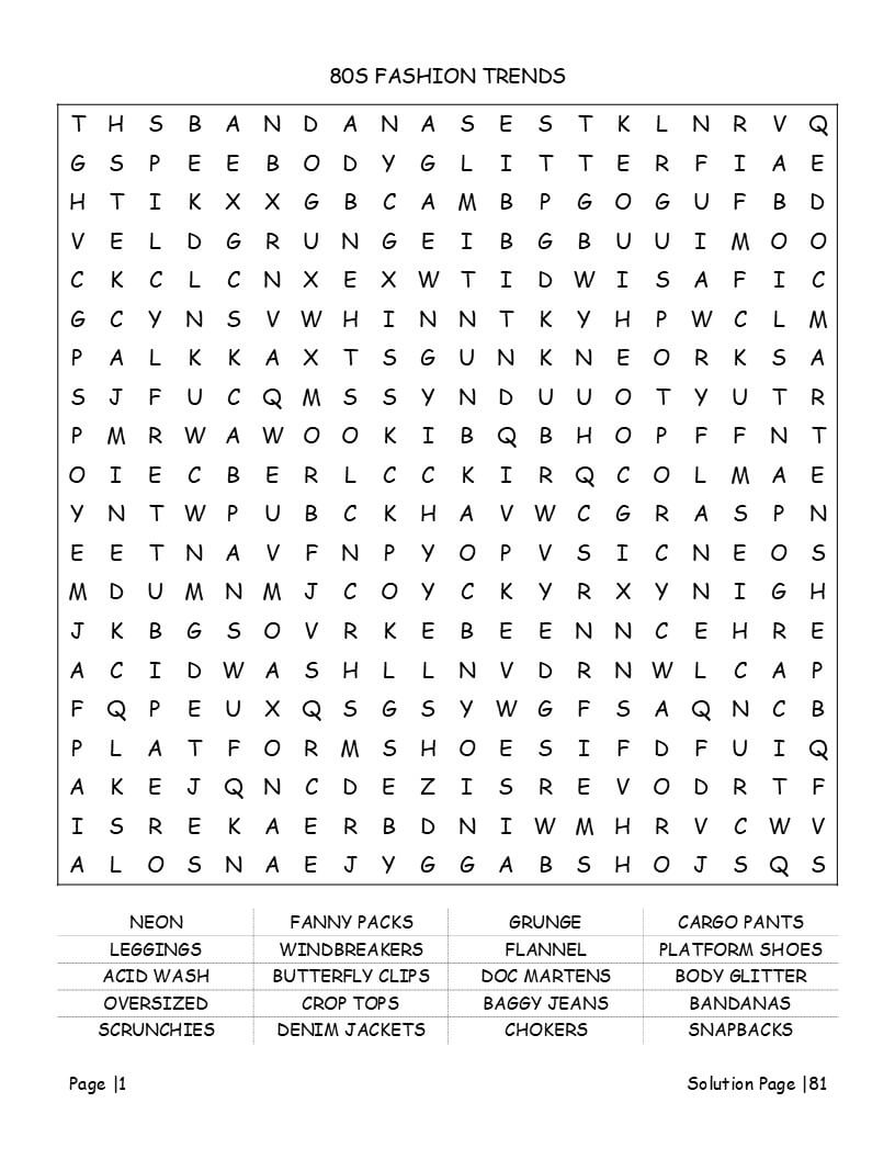 1980s word search puzzle grid - synth-pop and MTV keywords in large print