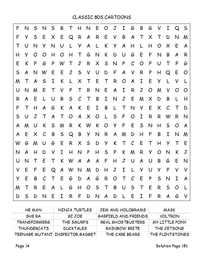 1980s word search interior preview - iconic sitcoms and blockbuster movie themes