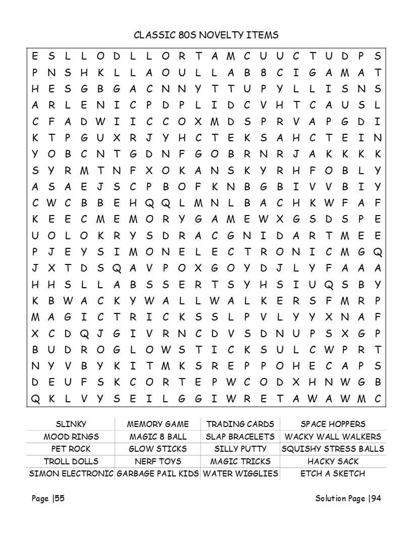 1980s word search pop culture - expert level grid showing 4-level progression