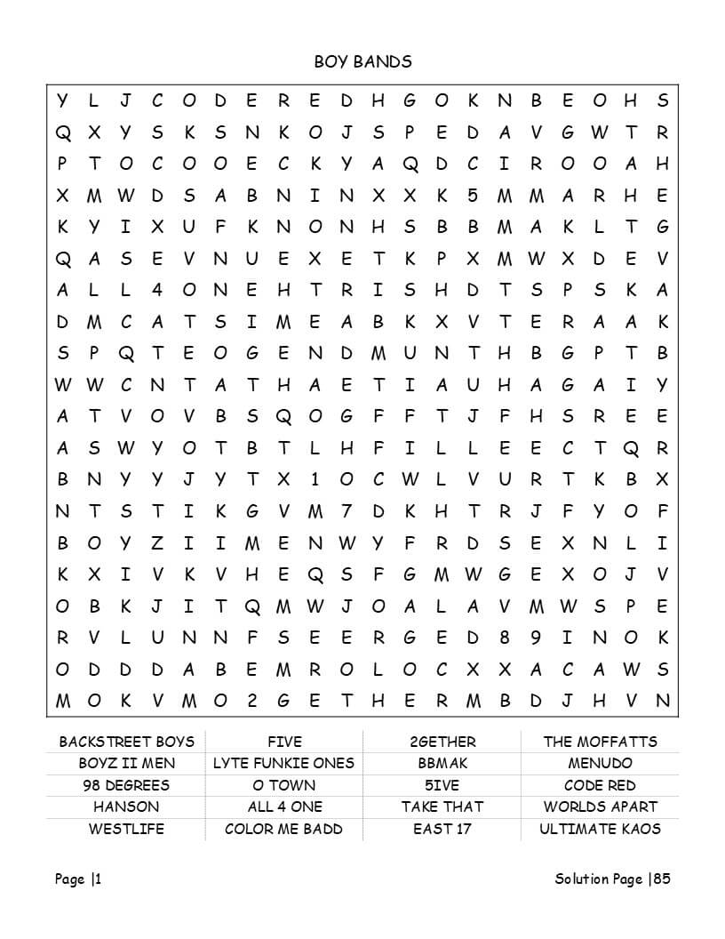 1990s word search puzzle grid - grunge bands and Britpop keywords