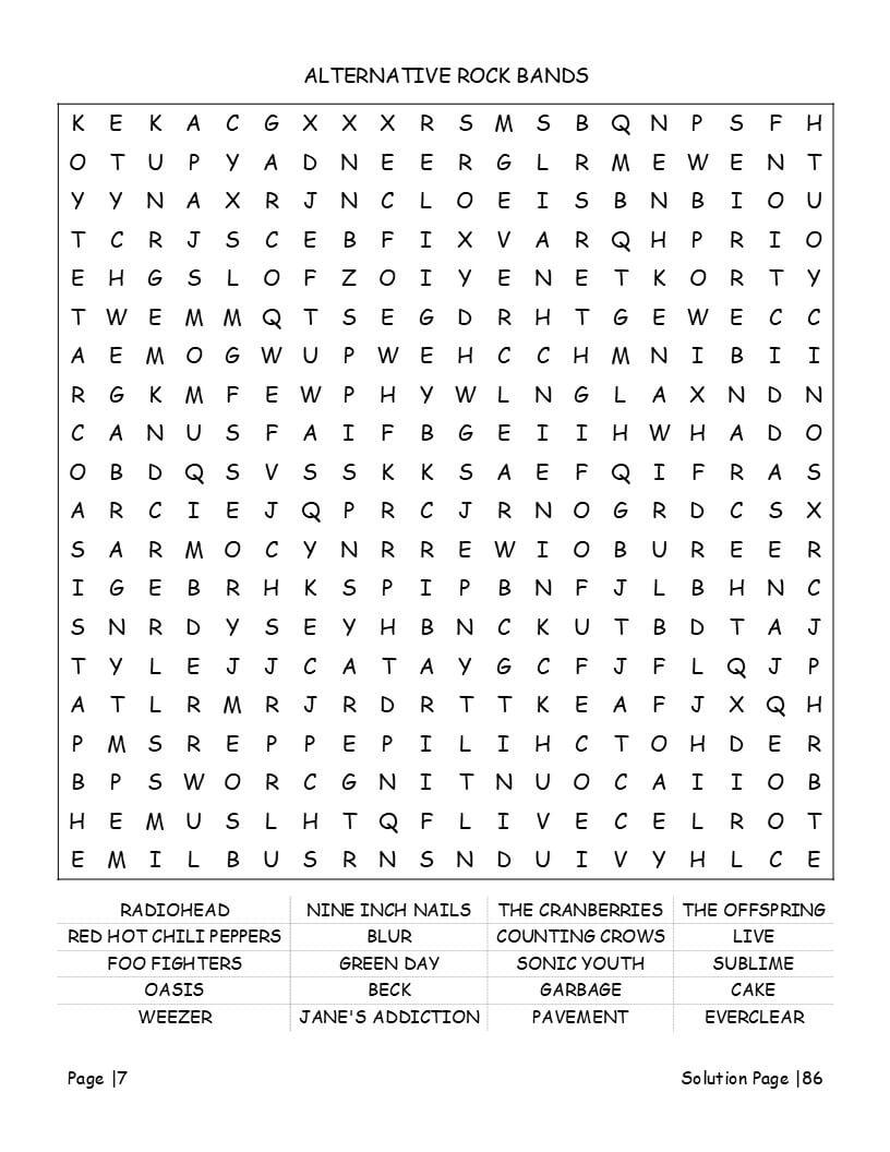 1990s word search interior preview - hit sitcoms and boy band nostalgia