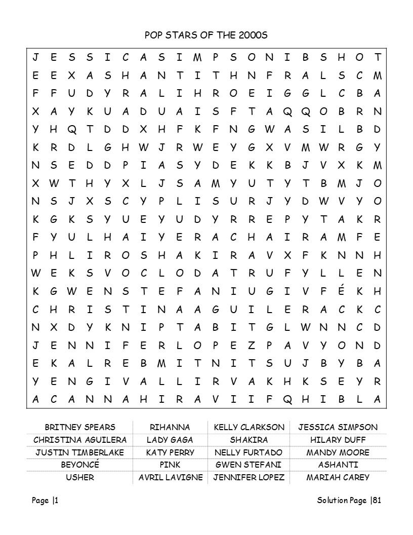 2000s word search puzzle grid - reality TV and Y2K music keywords