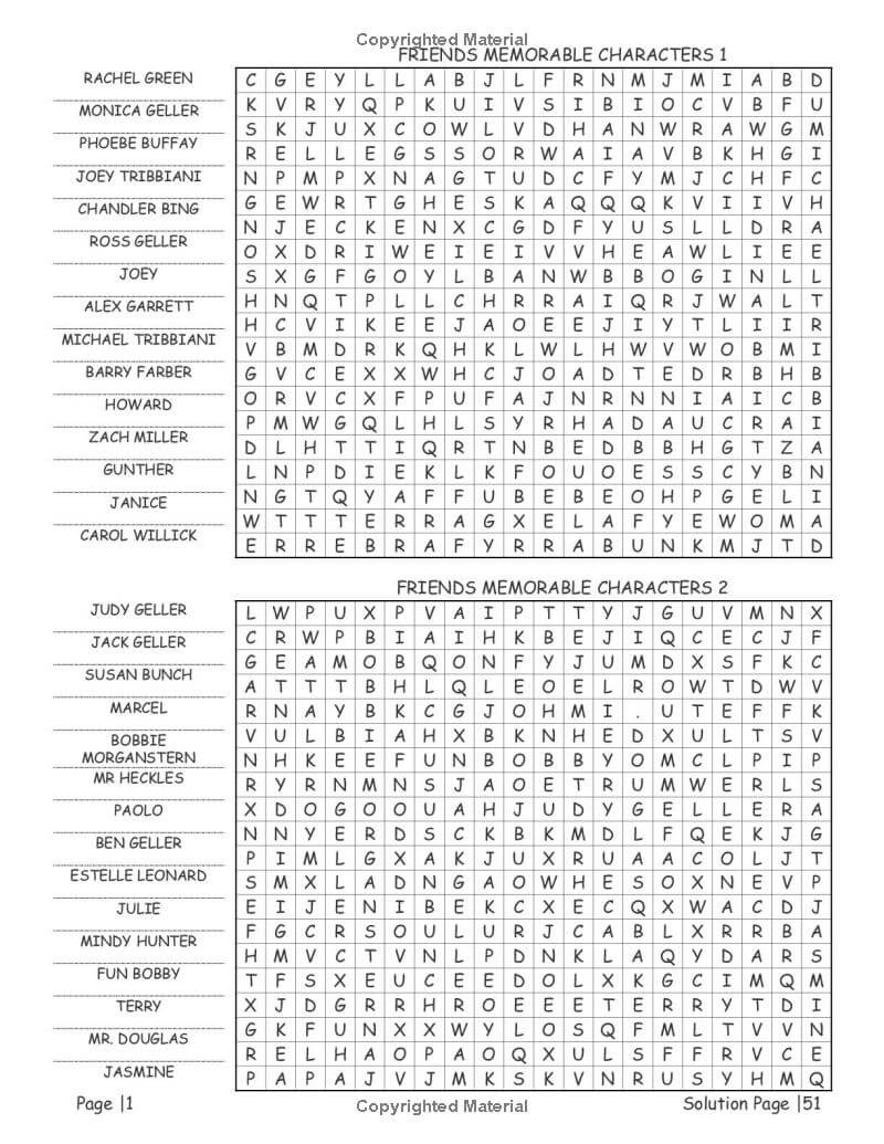 Friends TV show puzzle page featuring Ross Rachel Chandler Monica Joey Phoebe character names