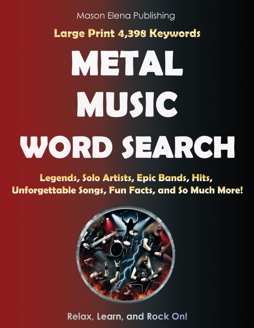 Metal Music Word Search book cover with large print heavy metal encyclopedia puzzles for metalheads