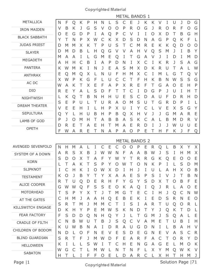 Heavy metal band names and thrash metal themed puzzle pages with non-repeating Words