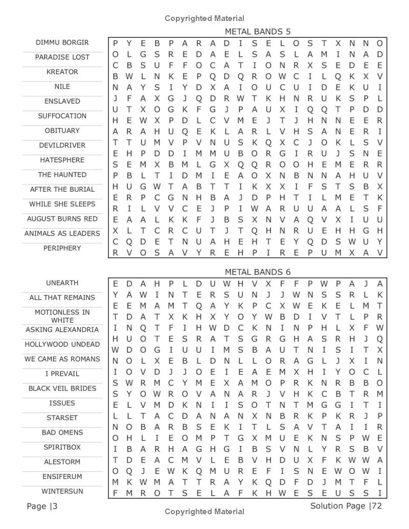 Multi-directional word find puzzle pages for heavy metal fans with legendary artist names