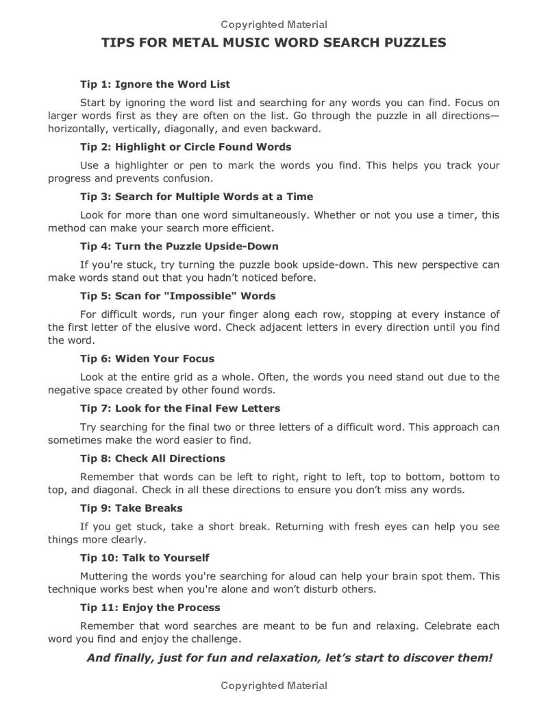 Metal music word search interior preview with large print clear grid layout and heavy metal Words