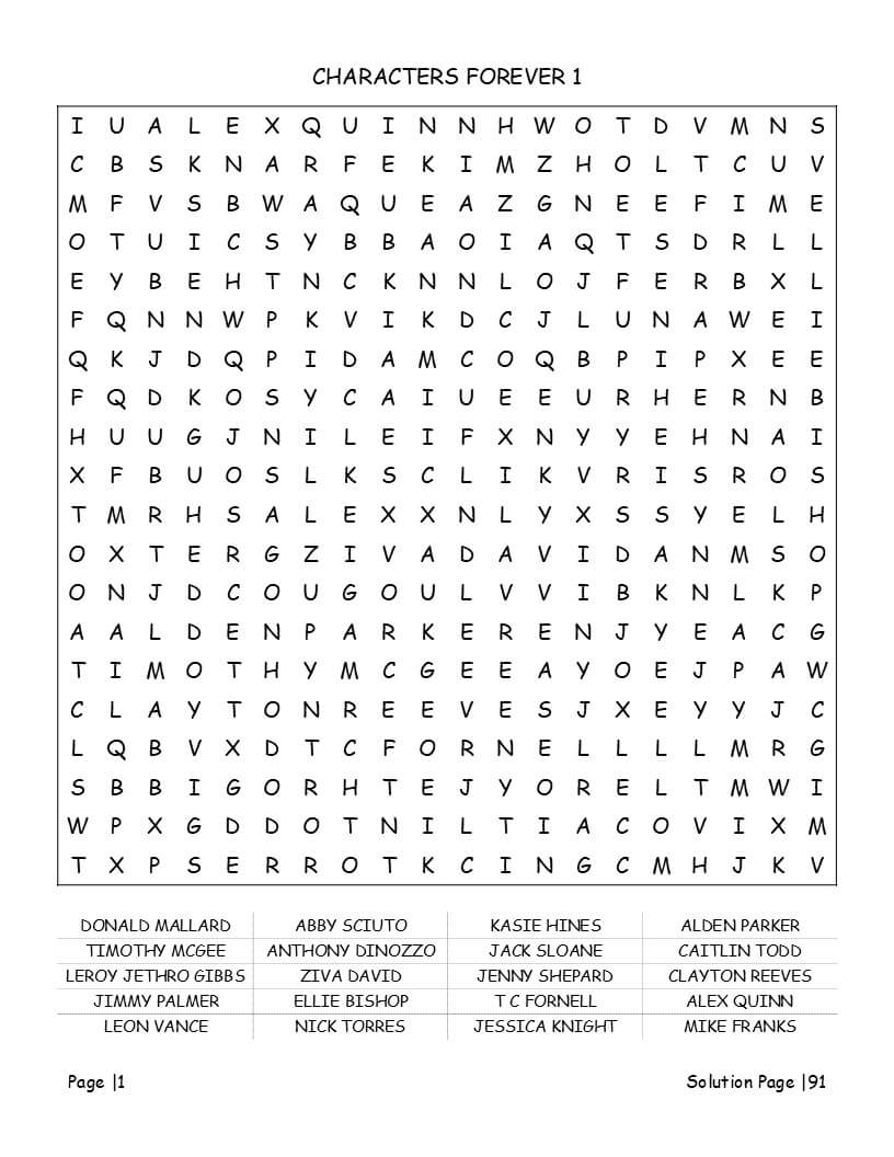 NCIS word search interior showing large print Easy level grid with Gibbs Tony Abby agent names