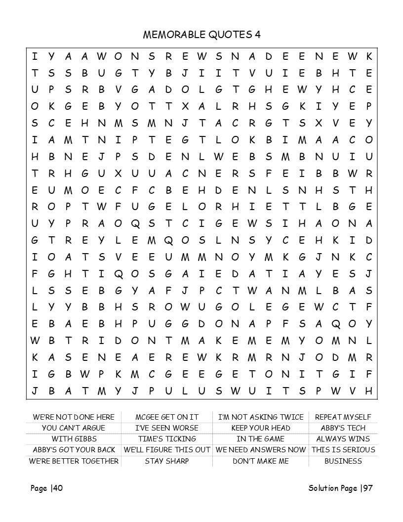 NCIS puzzle page featuring case references crime scene vocabulary and Gibbs rules hidden words