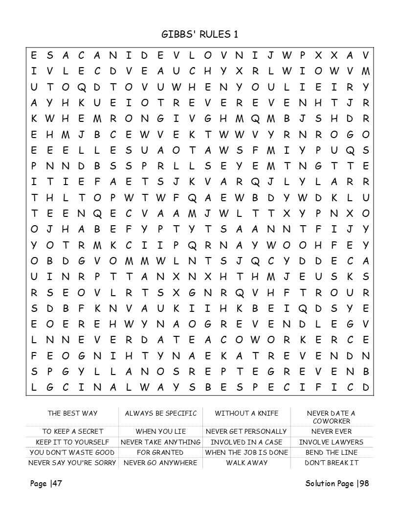 NCIS Hard difficulty word search grid with forensic terms investigation vocabulary and episode titles