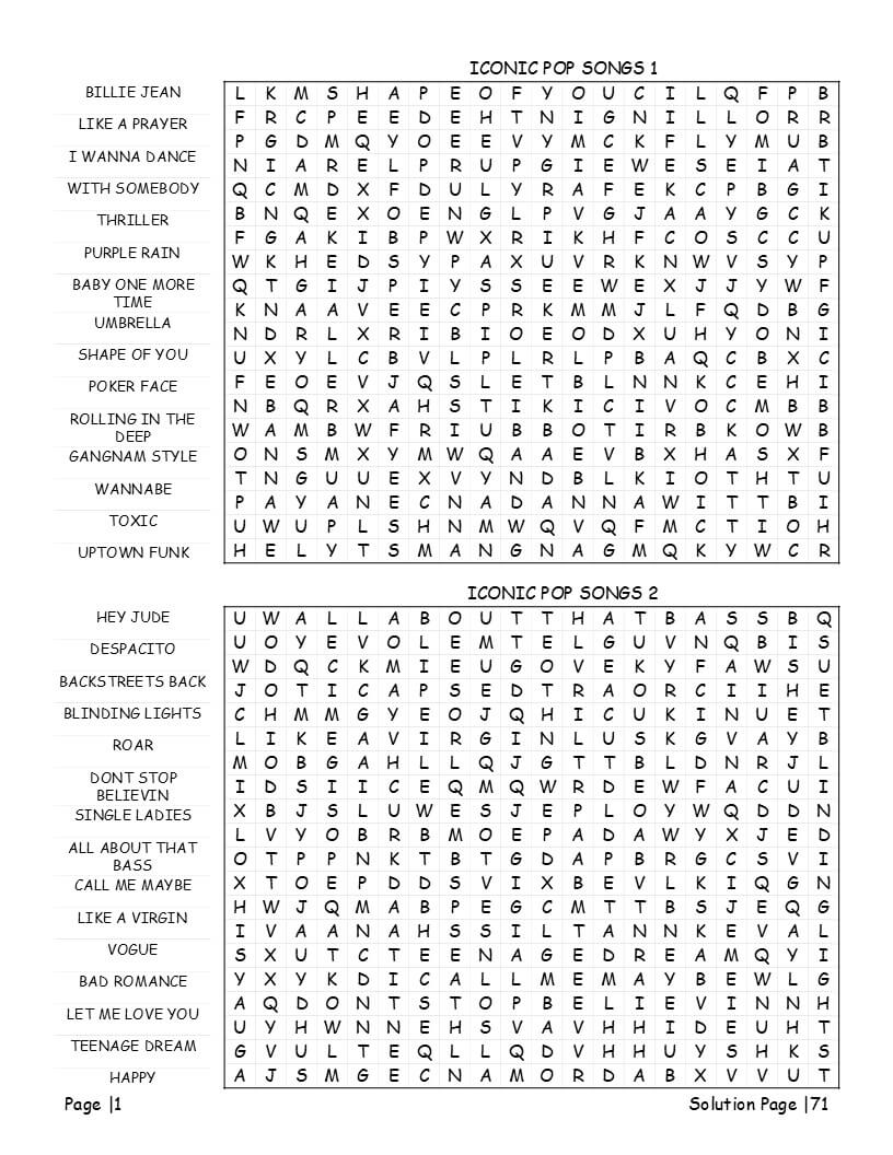 Pop music word search puzzle grid - hit song and pop star keywords