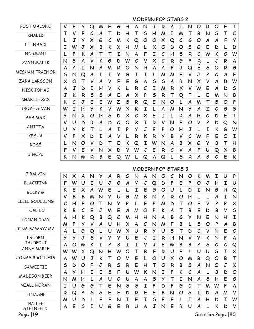 Pop music word search pop diva themes - multi-directional two-per-page grids