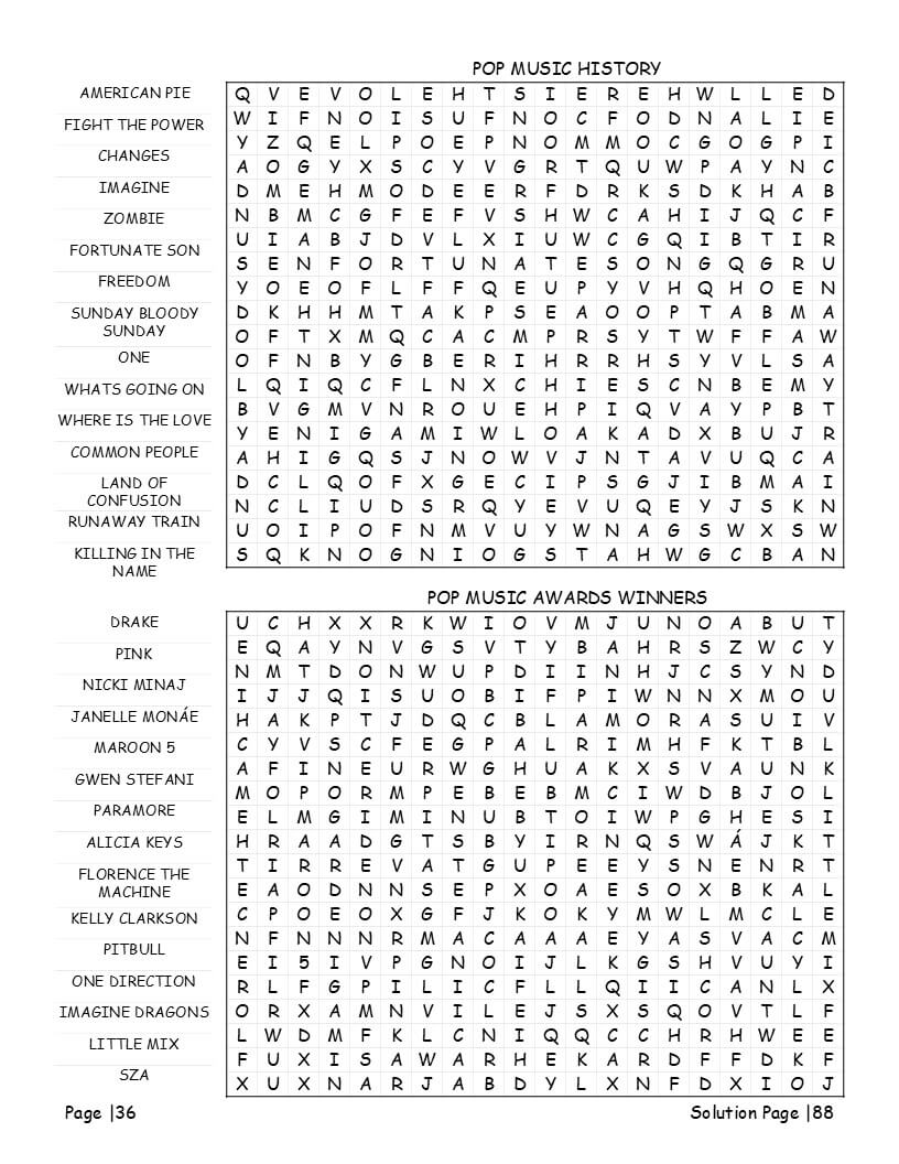 Pop music word search decade themes - showing 140 puzzle variety layout