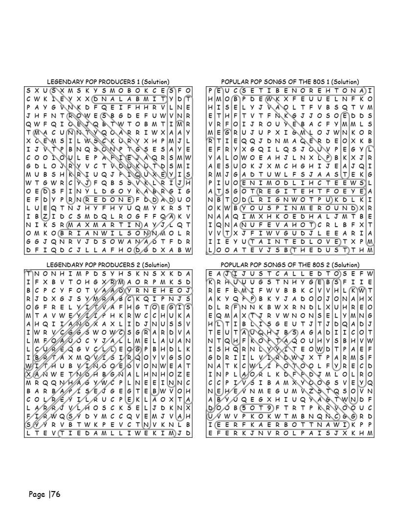 Pop music word search solutions - complete answer key for all 140 musical puzzles