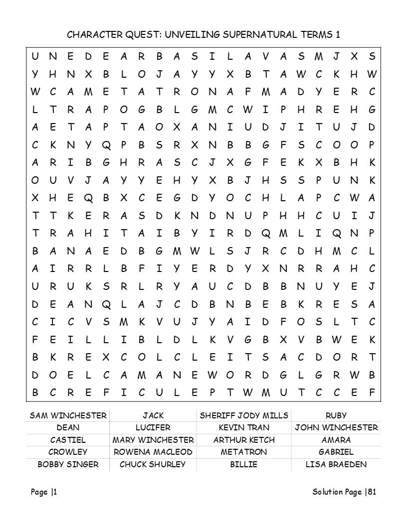 Supernatural word search interior page showing large print Easy level grid with Sam Dean Winchester