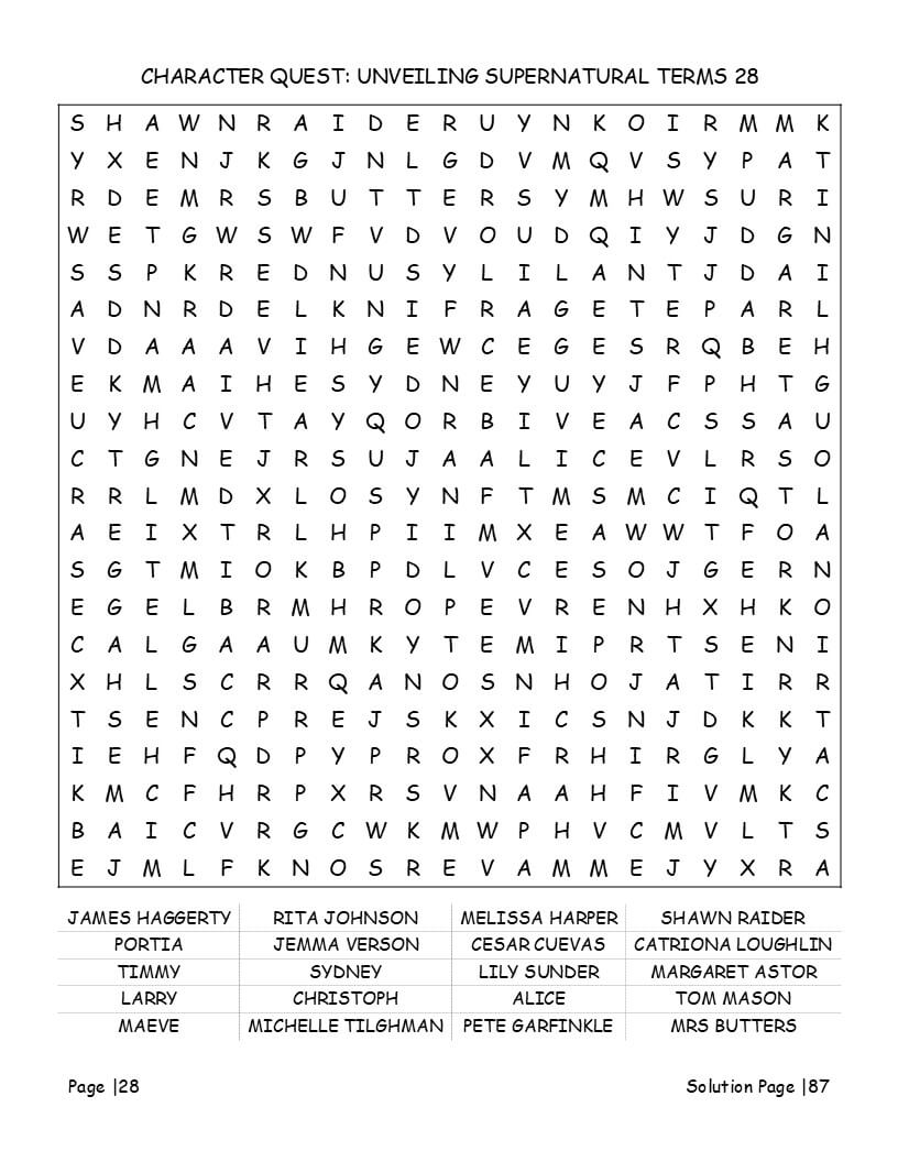 Supernatural puzzle page featuring Castiel Crowley Bobby and demon lore hidden words