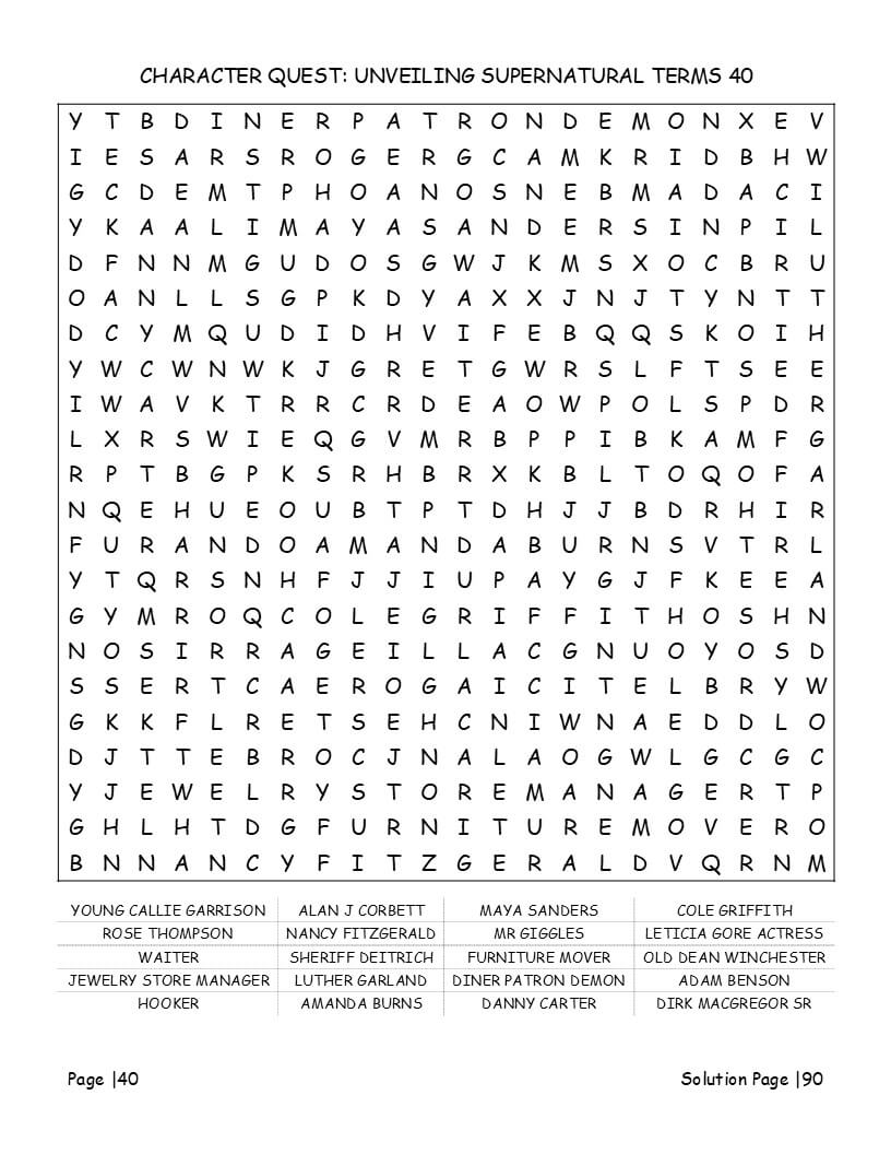 Supernatural Hard difficulty word search grid with angel names creature types and episode references