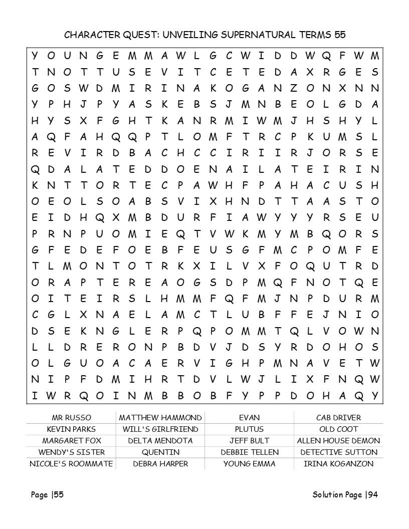 Expert level Supernatural word search page with Enochian lore terms hidden in all 8 directions