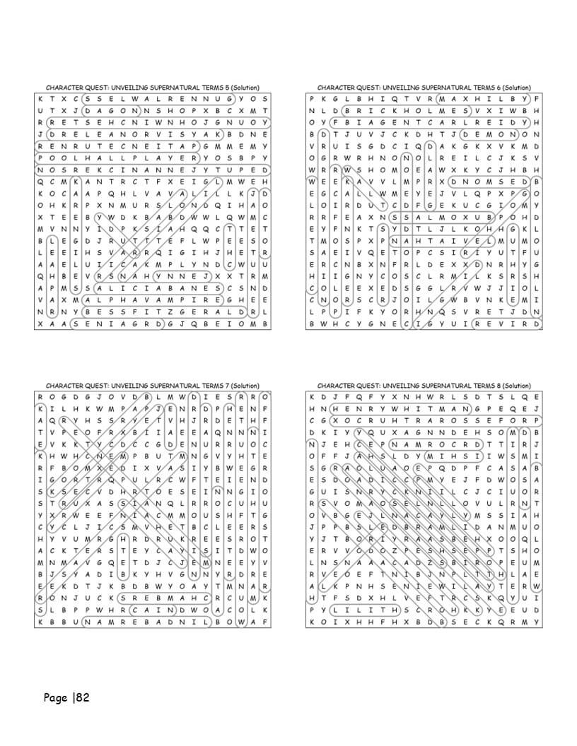 Supernatural word search answer key showing complete solutions at the back of the book