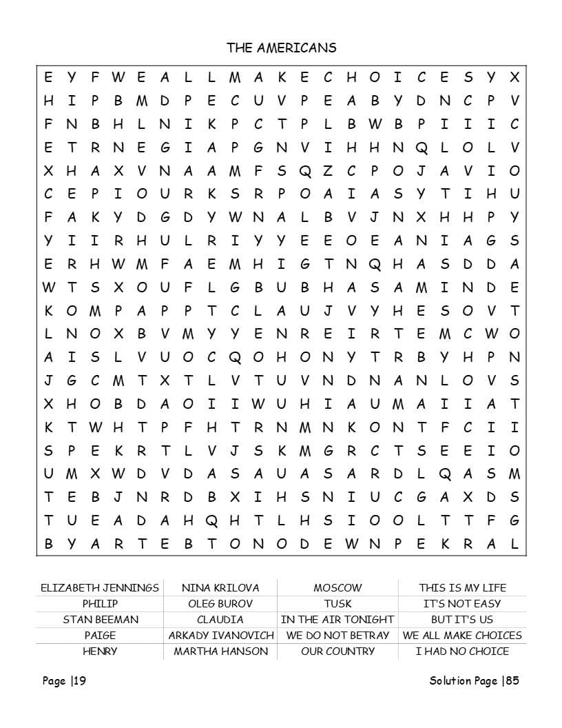 TV drama word search interior preview - thriller and hospital show characters