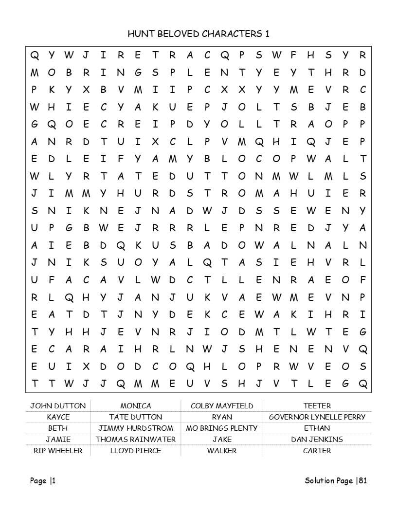 Yellowstone word search interior showing large print Easy level grid with Dutton character names