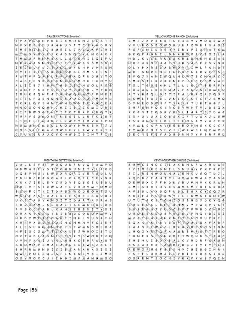 Yellowstone word search answer key showing complete solutions at the back of the book