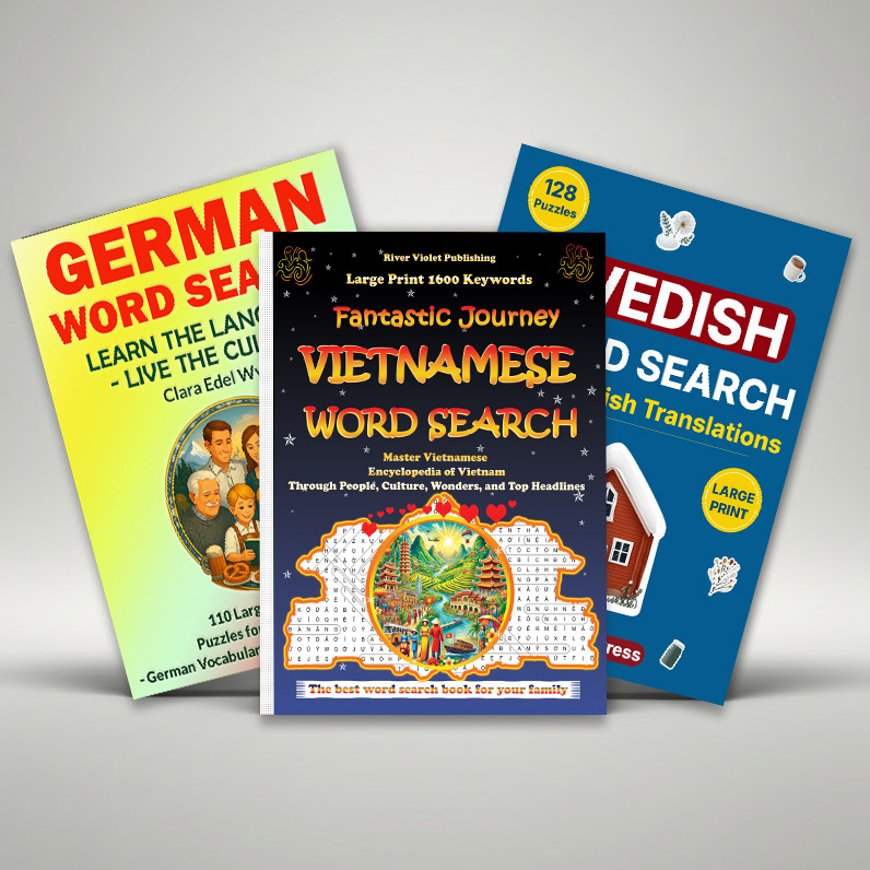 Keviza Creative Bilingual Word Search Books - Vietnamese, German, and Swedish editions.
