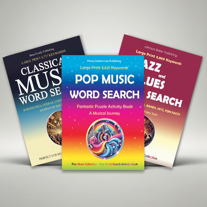 Music themed word search puzzles curated by Keviza Creative - Classic, Pop and Jazz editions.