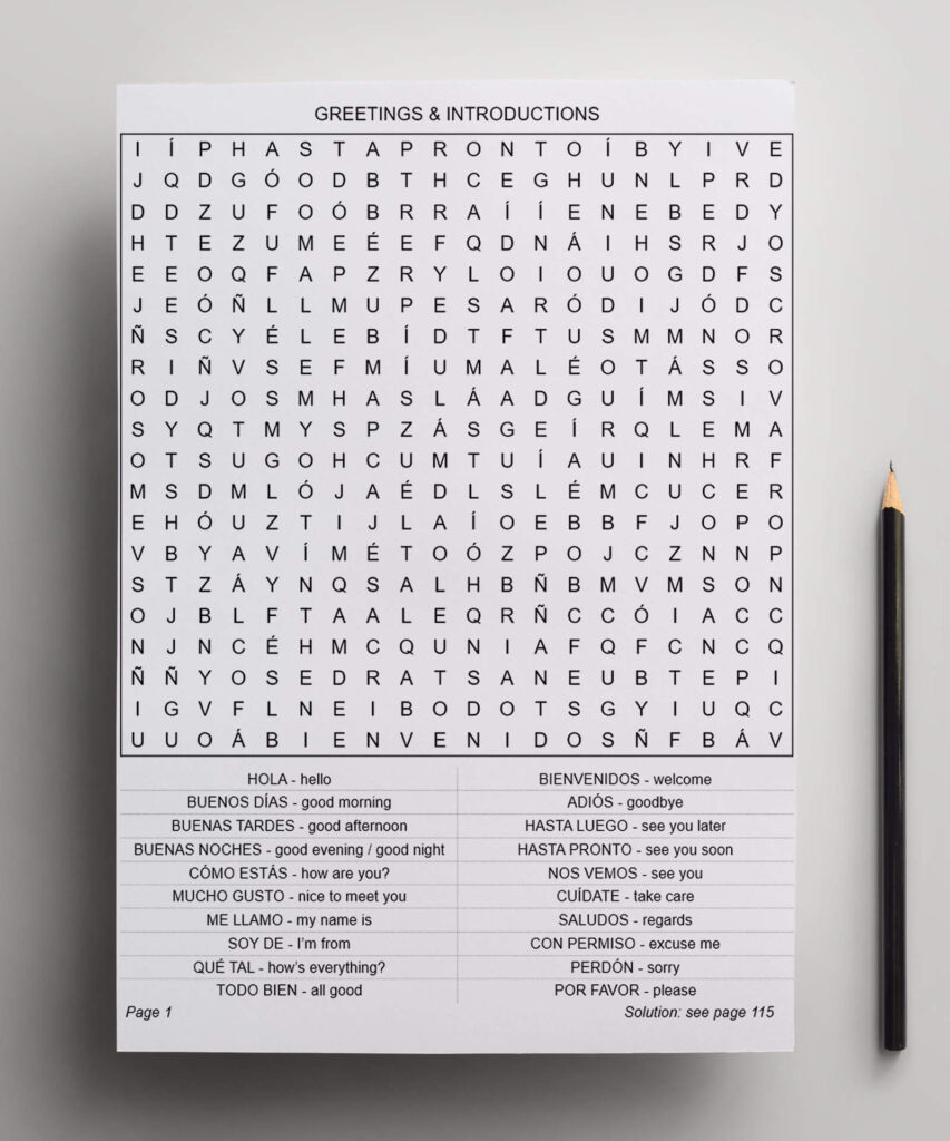 Spanish Word Search Puzzle page focusing on Greetings and Introductions for beginners