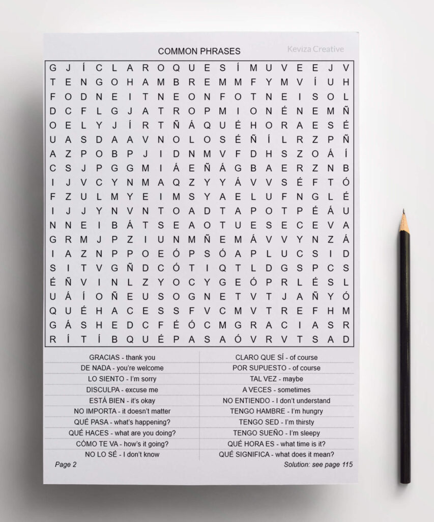 Spanish language learning puzzle with Common Phrases inside word search grid